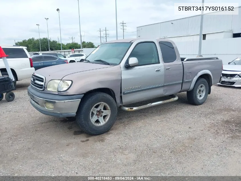 2000 Toyota Tundra Sr5 V8 VIN: 5TBRT3417YS016152 Lot: 40218453