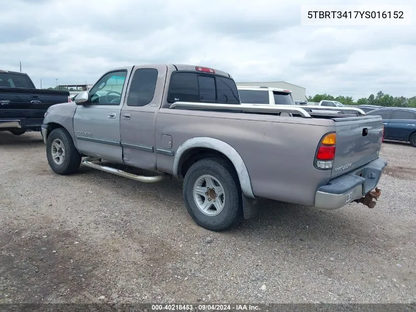 2000 Toyota Tundra Sr5 V8 VIN: 5TBRT3417YS016152 Lot: 40218453