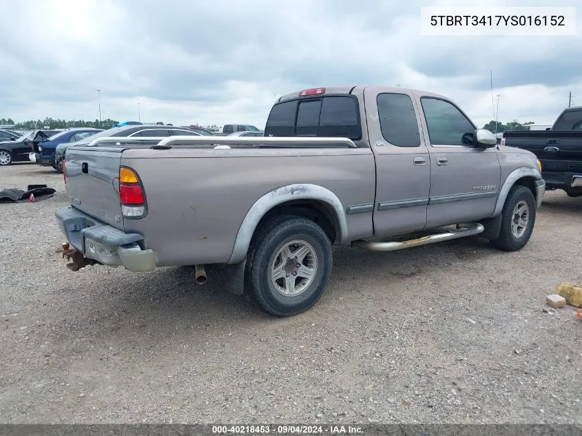 2000 Toyota Tundra Sr5 V8 VIN: 5TBRT3417YS016152 Lot: 40218453