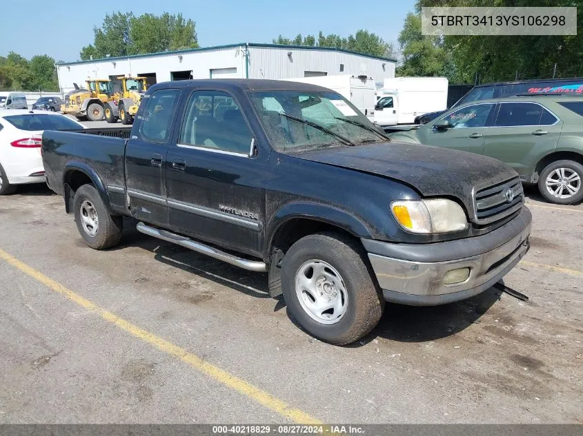 2000 Toyota Tundra Sr5 V8 VIN: 5TBRT3413YS106298 Lot: 40218829