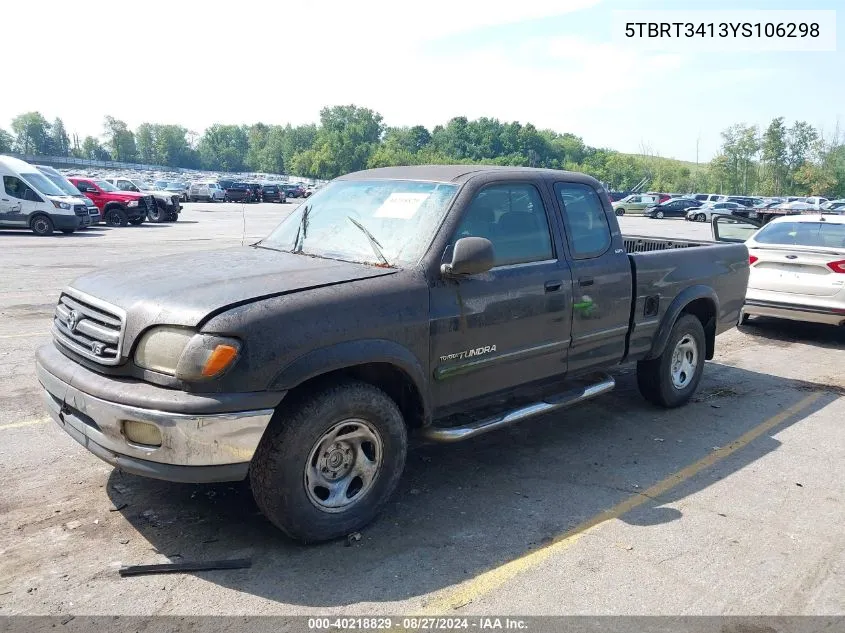 2000 Toyota Tundra Sr5 V8 VIN: 5TBRT3413YS106298 Lot: 40218829