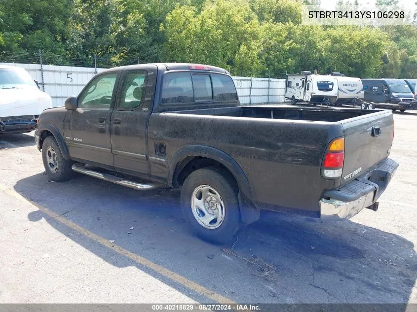 2000 Toyota Tundra Sr5 V8 VIN: 5TBRT3413YS106298 Lot: 40218829