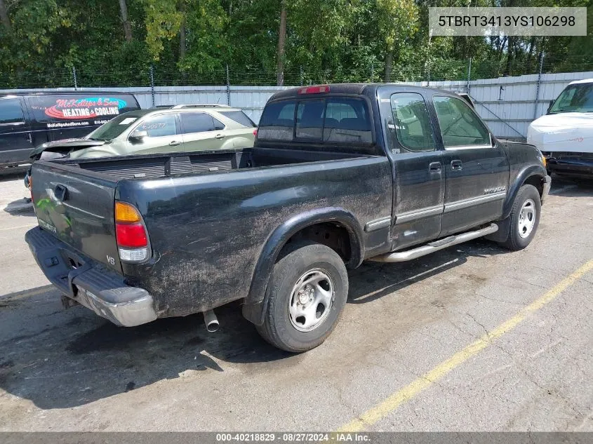 2000 Toyota Tundra Sr5 V8 VIN: 5TBRT3413YS106298 Lot: 40218829