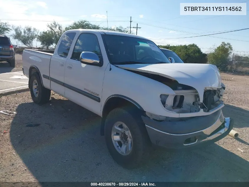 2000 Toyota Tundra Sr5 V8 VIN: 5TBRT3411YS114562 Lot: 40238670