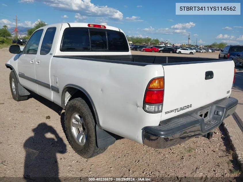 2000 Toyota Tundra Sr5 V8 VIN: 5TBRT3411YS114562 Lot: 40238670