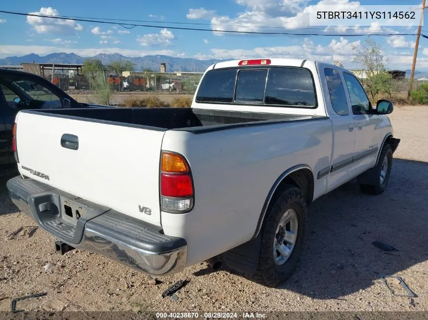 2000 Toyota Tundra Sr5 V8 VIN: 5TBRT3411YS114562 Lot: 40238670