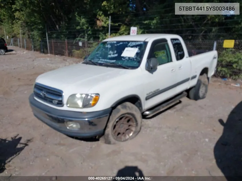 2000 Toyota Tundra Sr5 V8 VIN: 5TBBT4415YS003486 Lot: 40265127