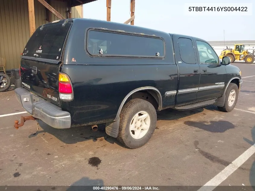 2000 Toyota Tundra Sr5 V8 VIN: 5TBBT4416YS004422 Lot: 40290476