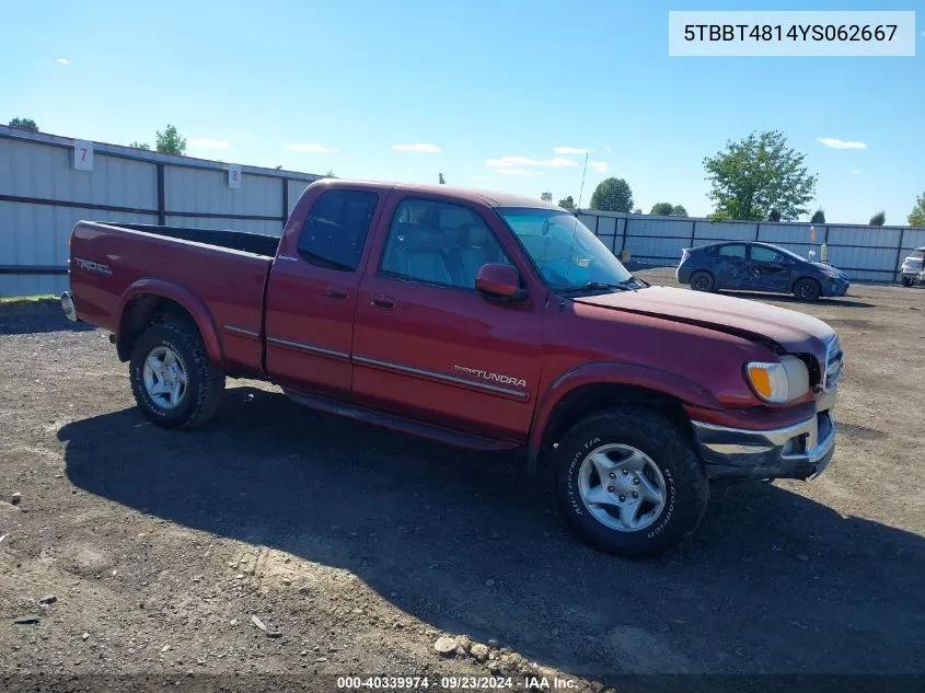 2000 Toyota Tundra Ltd V8 VIN: 5TBBT4814YS062667 Lot: 40339974