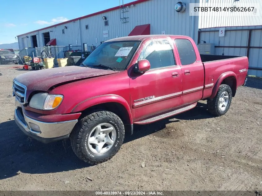 2000 Toyota Tundra Ltd V8 VIN: 5TBBT4814YS062667 Lot: 40339974