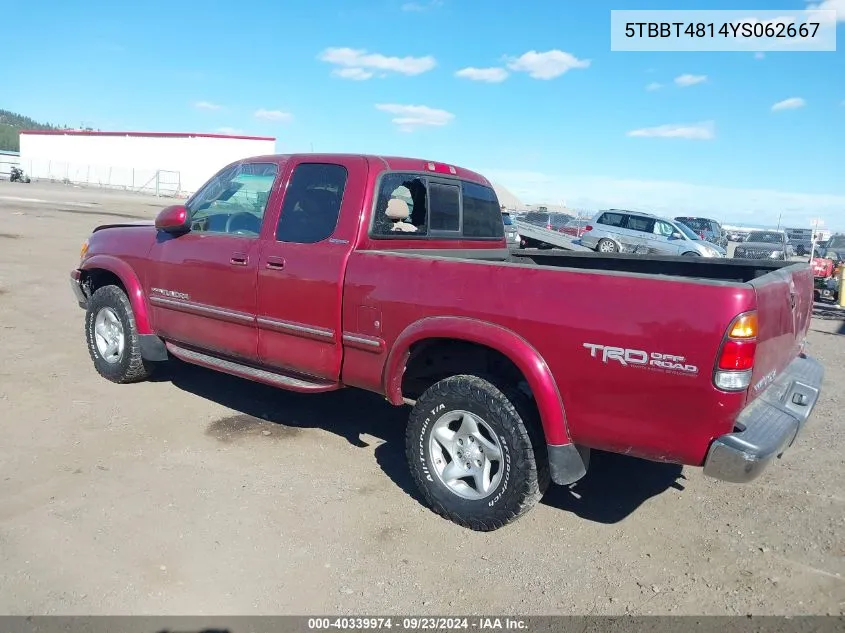 2000 Toyota Tundra Ltd V8 VIN: 5TBBT4814YS062667 Lot: 40339974