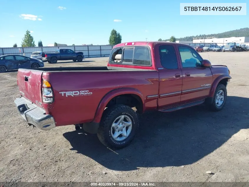 2000 Toyota Tundra Ltd V8 VIN: 5TBBT4814YS062667 Lot: 40339974