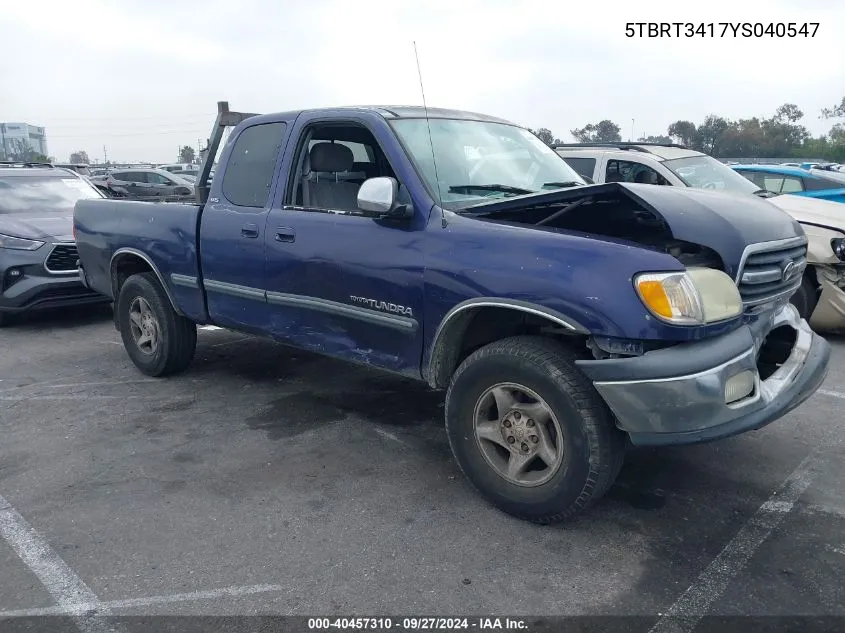 2000 Toyota Tundra Sr5 V8 VIN: 5TBRT3417YS040547 Lot: 40457310