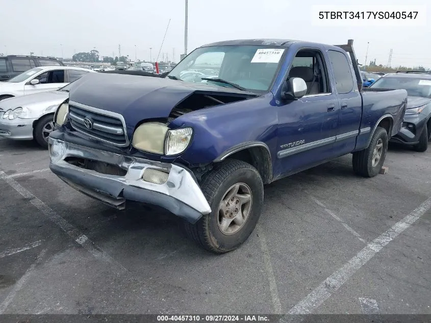 2000 Toyota Tundra Sr5 V8 VIN: 5TBRT3417YS040547 Lot: 40457310