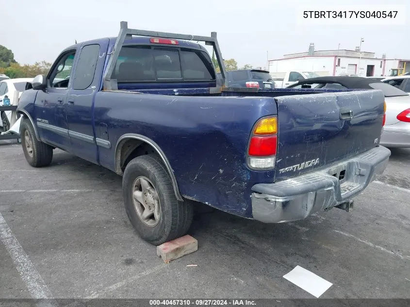 2000 Toyota Tundra Sr5 V8 VIN: 5TBRT3417YS040547 Lot: 40457310