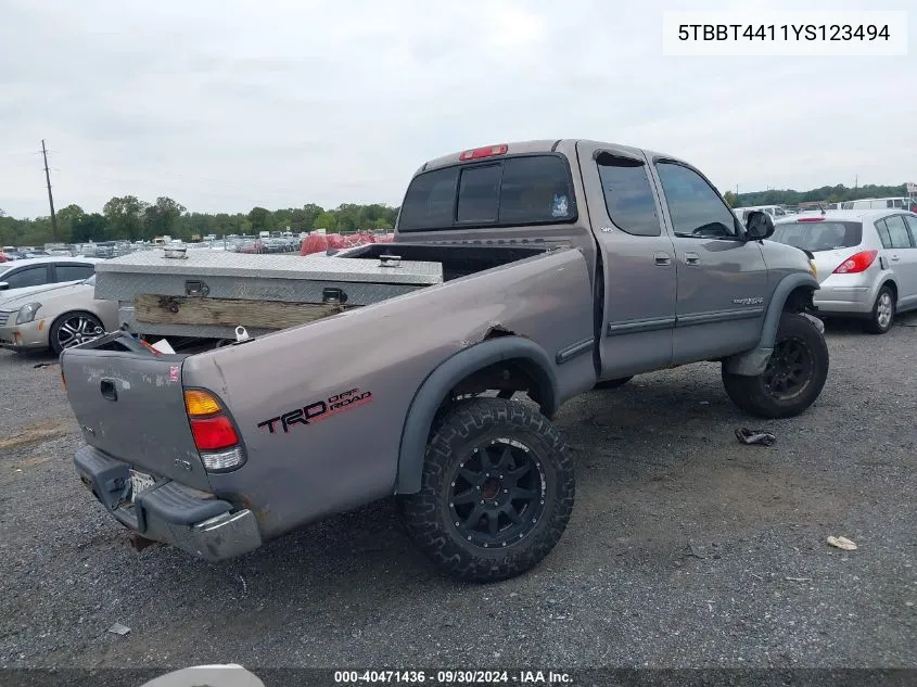 2000 Toyota Tundra Sr5 V8 VIN: 5TBBT4411YS123494 Lot: 40471436