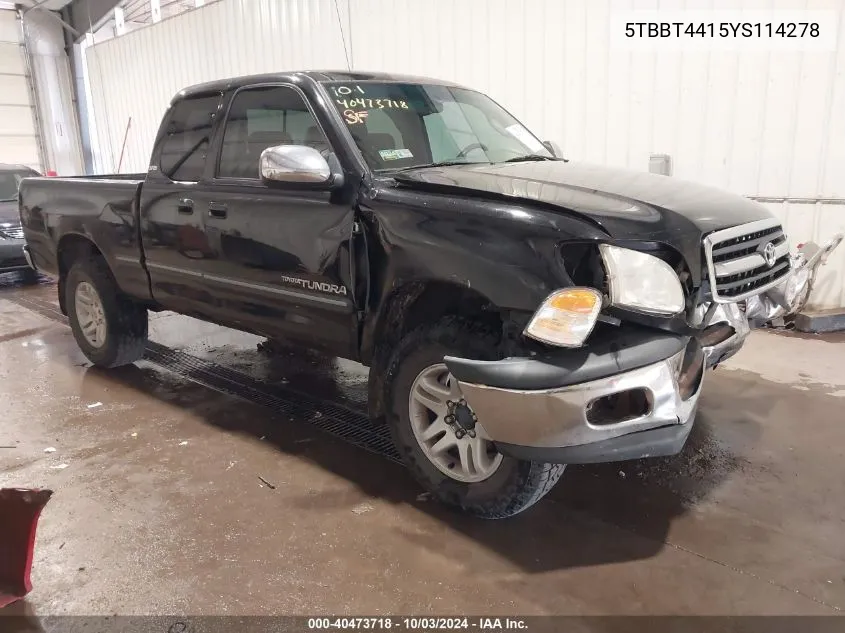 2000 Toyota Tundra Sr5 V8 VIN: 5TBBT4415YS114278 Lot: 40473718