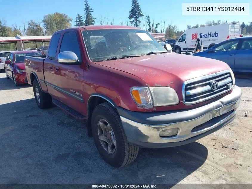 2000 Toyota Tundra Access Cab/Access Cab Sr5 VIN: 5TBRT3411YS012484 Lot: 40475092