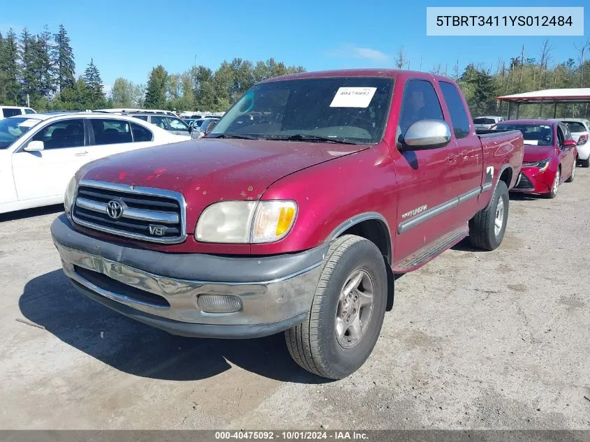 2000 Toyota Tundra Access Cab/Access Cab Sr5 VIN: 5TBRT3411YS012484 Lot: 40475092