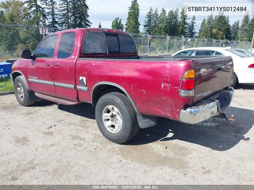 2000 Toyota Tundra Access Cab/Access Cab Sr5 VIN: 5TBRT3411YS012484 Lot: 40475092