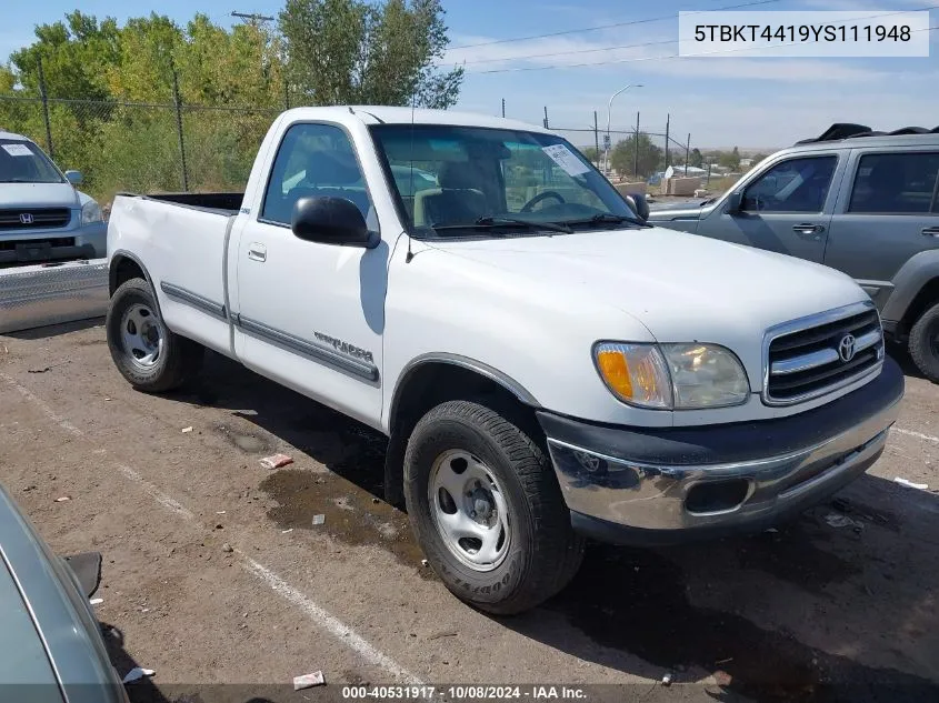 2000 Toyota Tundra Sr5 VIN: 5TBKT4419YS111948 Lot: 40531917