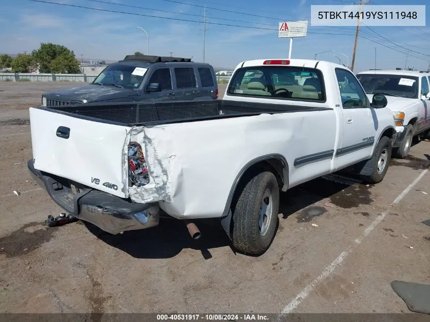 2000 Toyota Tundra Sr5 VIN: 5TBKT4419YS111948 Lot: 40531917