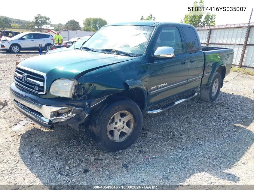 2000 Toyota Tundra Sr5 V8 VIN: 5TBBT4416YS035007 Lot: 40549846