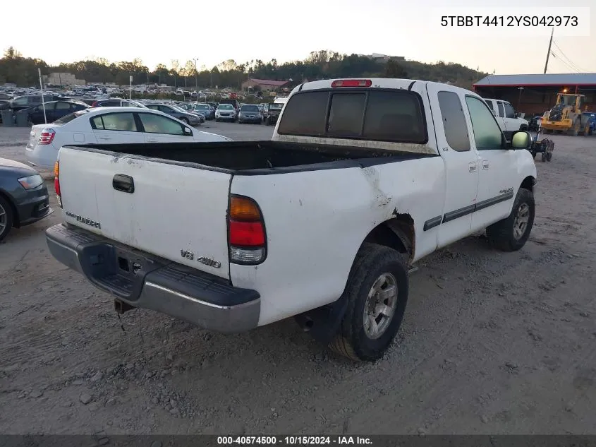 2000 Toyota Tundra Sr5 V8 VIN: 5TBBT4412YS042973 Lot: 40574500