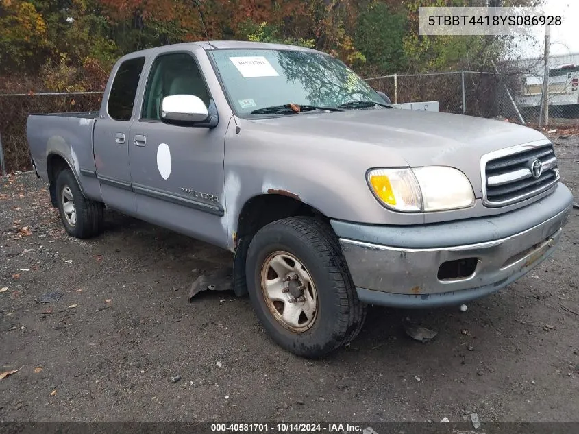 2000 Toyota Tundra Sr5 V8 VIN: 5TBBT4418YS086928 Lot: 40581701