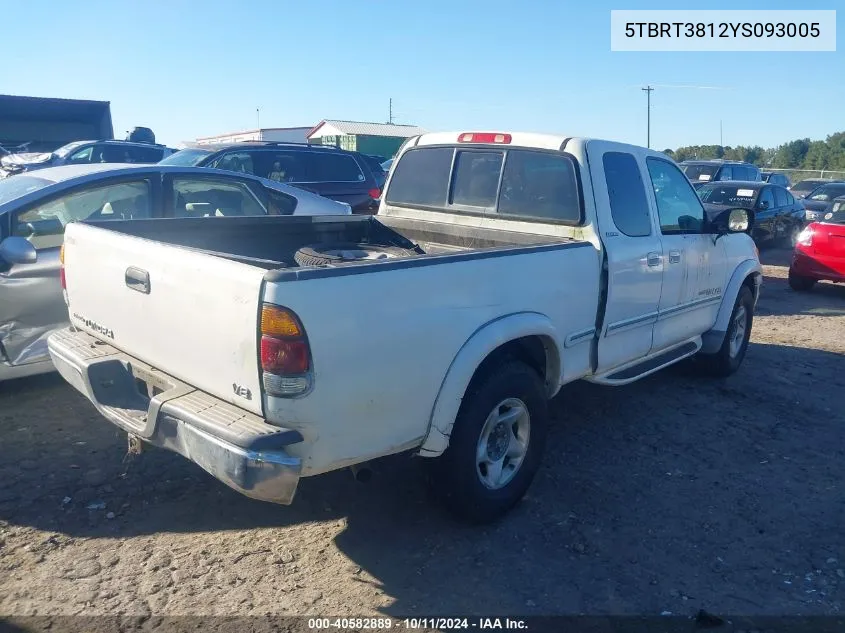 2000 Toyota Tundra Ltd V8 VIN: 5TBRT3812YS093005 Lot: 40582889