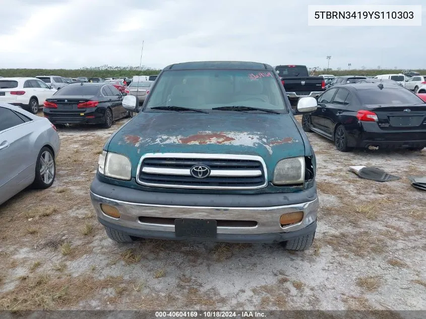 2000 Toyota Tundra Sr5 VIN: 5TBRN3419YS110303 Lot: 40604169