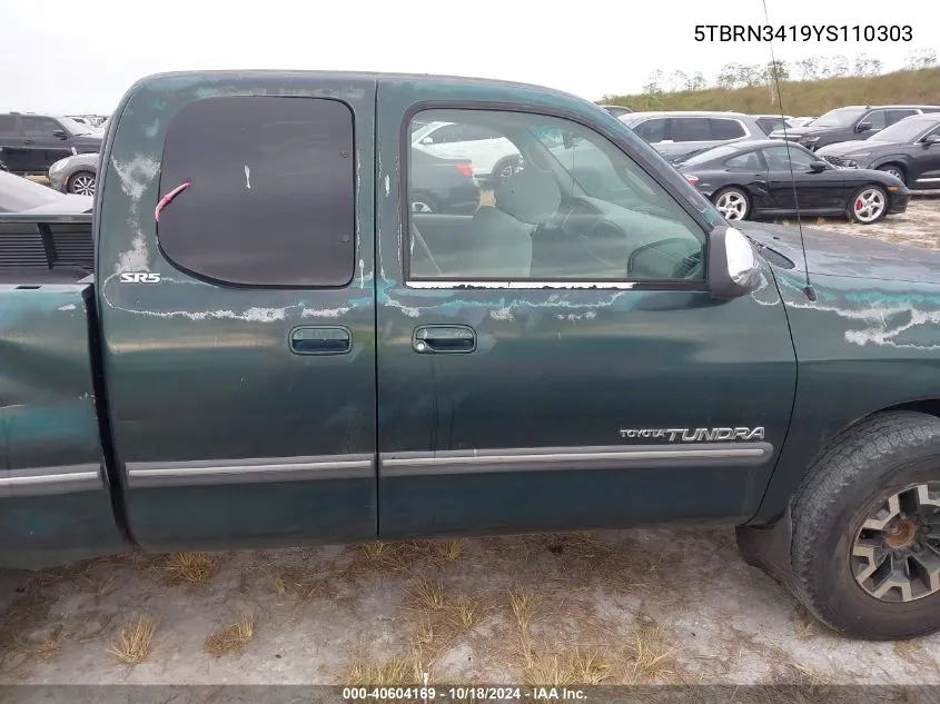 2000 Toyota Tundra Sr5 VIN: 5TBRN3419YS110303 Lot: 40604169