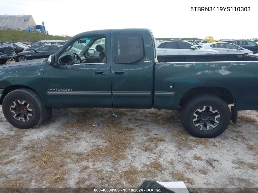 2000 Toyota Tundra Sr5 VIN: 5TBRN3419YS110303 Lot: 40604169