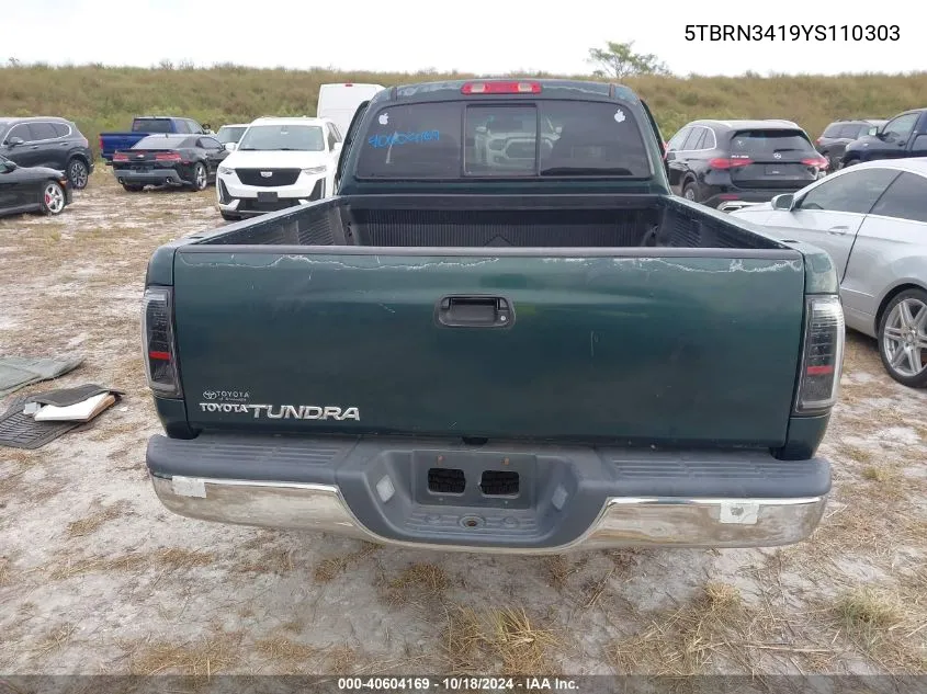 2000 Toyota Tundra Sr5 VIN: 5TBRN3419YS110303 Lot: 40604169