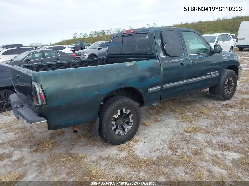 2000 Toyota Tundra Sr5 VIN: 5TBRN3419YS110303 Lot: 40604169