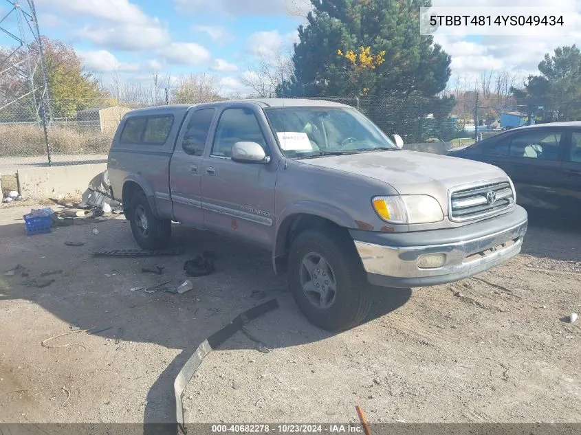 2000 Toyota Tundra Ltd V8 VIN: 5TBBT4814YS049434 Lot: 40682278