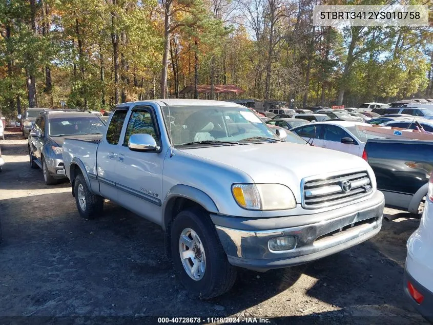 2000 Toyota Tundra Sr5 V8 VIN: 5TBRT3412YS010758 Lot: 40728678