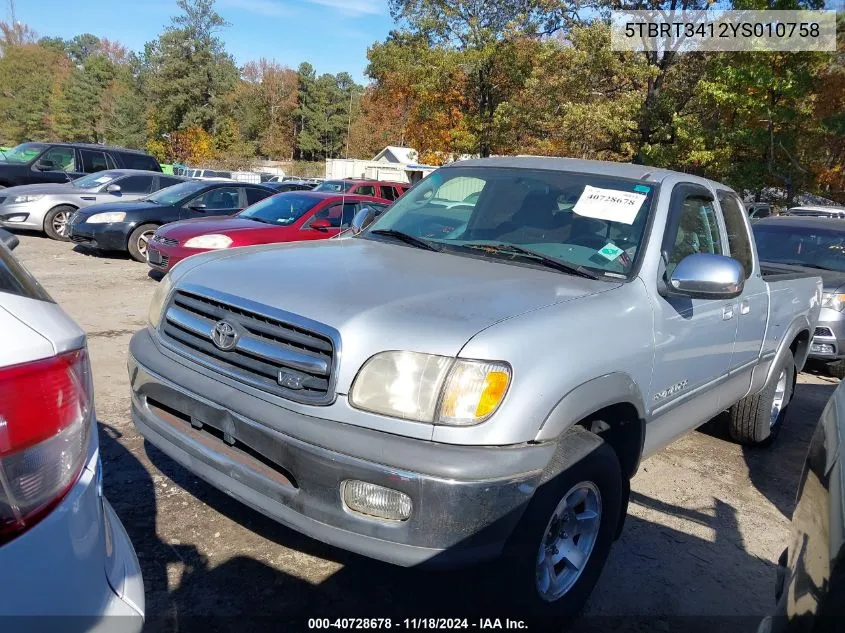 2000 Toyota Tundra Sr5 V8 VIN: 5TBRT3412YS010758 Lot: 40728678