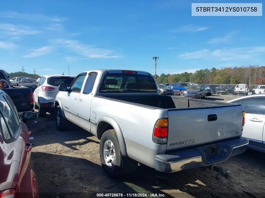 2000 Toyota Tundra Sr5 V8 VIN: 5TBRT3412YS010758 Lot: 40728678