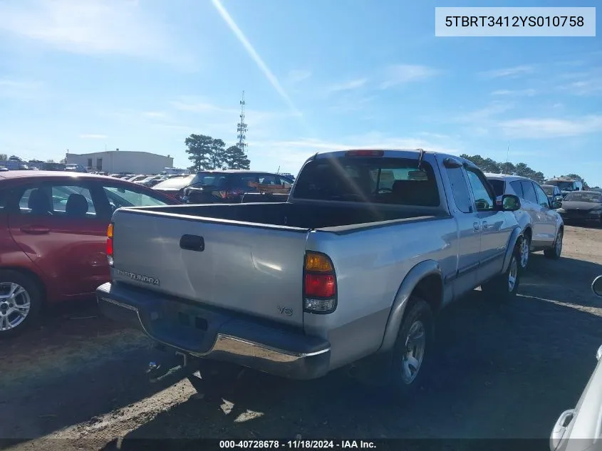 2000 Toyota Tundra Sr5 V8 VIN: 5TBRT3412YS010758 Lot: 40728678