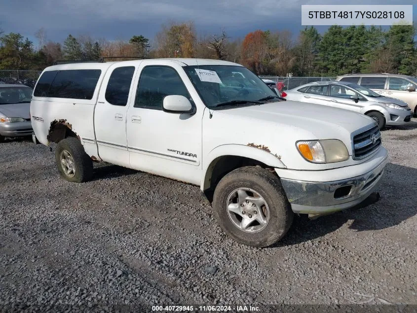 2000 Toyota Tundra Ltd V8 VIN: 5TBBT4817YS028108 Lot: 40729945