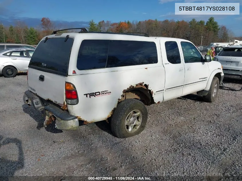 2000 Toyota Tundra Ltd V8 VIN: 5TBBT4817YS028108 Lot: 40729945