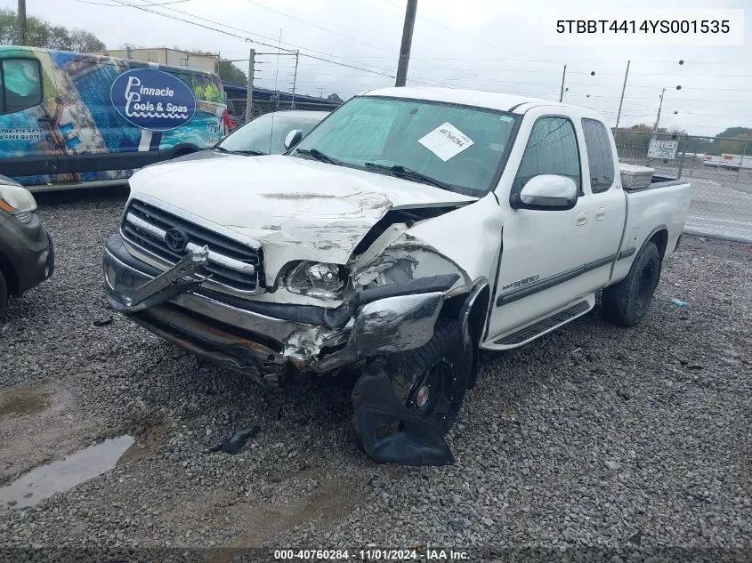 2000 Toyota Tundra Sr5 V8 VIN: 5TBBT4414YS001535 Lot: 40760284