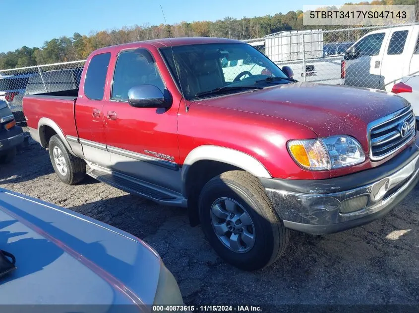 2000 Toyota Tundra Sr5 V8 VIN: 5TBRT3417YS047143 Lot: 40873615