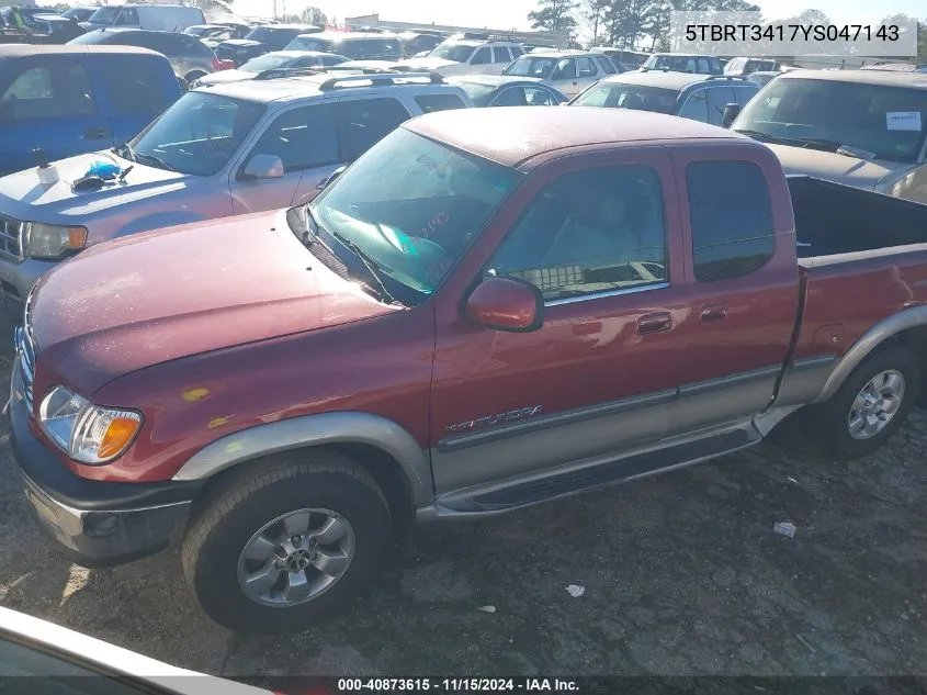 2000 Toyota Tundra Sr5 V8 VIN: 5TBRT3417YS047143 Lot: 40873615