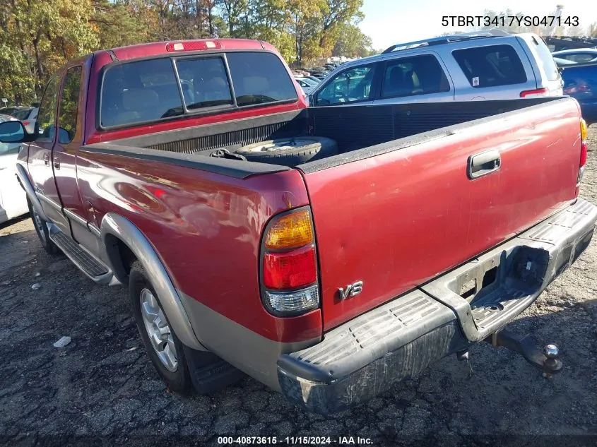 2000 Toyota Tundra Sr5 V8 VIN: 5TBRT3417YS047143 Lot: 40873615