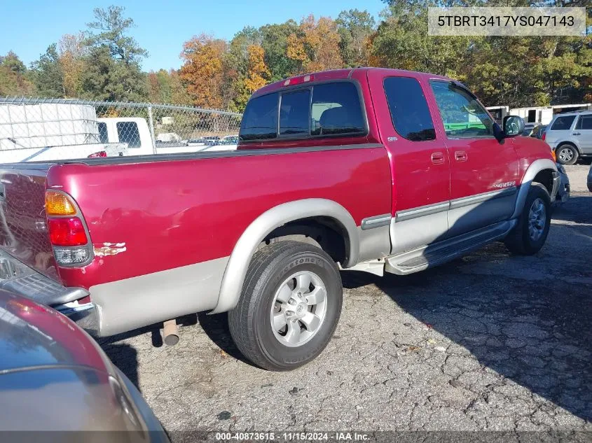 2000 Toyota Tundra Sr5 V8 VIN: 5TBRT3417YS047143 Lot: 40873615