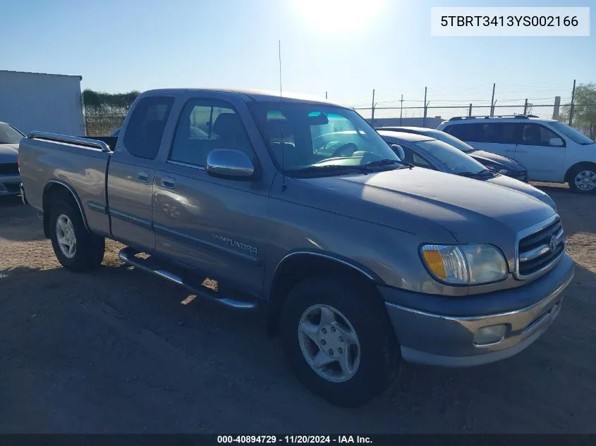 2000 Toyota Tundra Sr5 V8 VIN: 5TBRT3413YS002166 Lot: 40894729