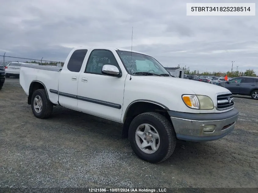 2002 Toyota Tundra Sr5 V8 VIN: 5TBRT34182S238514 Lot: 12121596