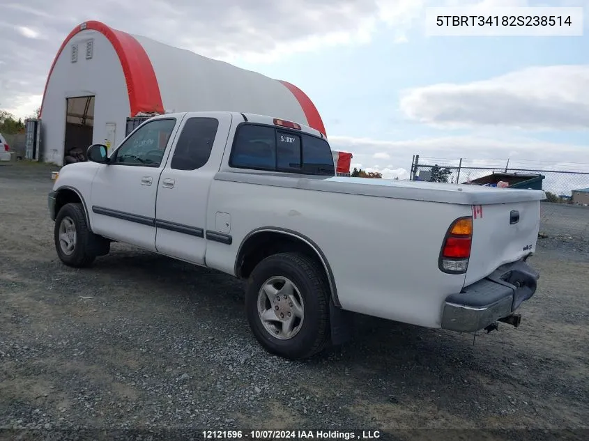 2002 Toyota Tundra Sr5 V8 VIN: 5TBRT34182S238514 Lot: 12121596